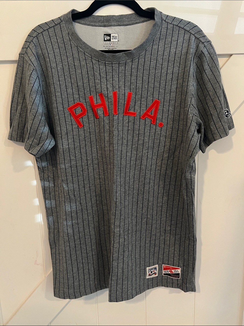 New Era Grey Pinstripe Tee with Red PHILA. Letters